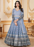Grey and Blue Two Tone Faux Georgette Party Wear Anarkali Dress