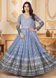 Grey and Blue Two Tone Faux Georgette Party Wear Anarkali Dress
