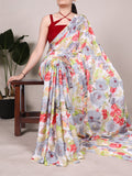 Grey dull satin floral printed saree