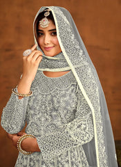 Grey color Resham work Indian Anarkali In Net