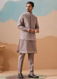 Grey Embroidered Koti Kurta Set for Men