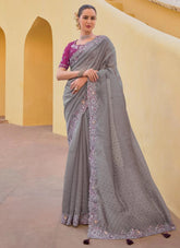 Elegant Grey Organza Silk Saree with Embroidery Cutwork Border and Sequin Butti Work