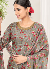 Grey Net Embroidery Punjabi Suit With Organza Dupatta