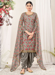 Grey Net Embroidery Punjabi Suit With Organza Dupatta