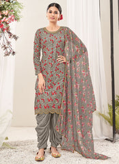 Grey Net Embroidery Punjabi Suit With Organza Dupatta