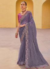 Grey Fancy Organza Silk Saree with Sequin, Stone & Embroidery Work