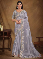 Trendy Grey Organza Silk Sequins Saree with Blouse