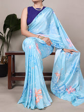 Floral print satin silk saree in sky blue