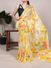 Yellow dull satin floral printed saree