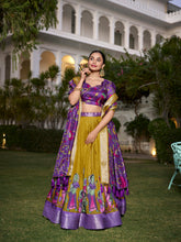 Mustard Color Printed (Kalamkari) With Zari Weaving Border Dola Silk Lehenga Choli