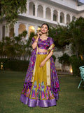 Mustard Color Printed (Kalamkari) With Zari Weaving Border Dola Silk Lehenga Choli