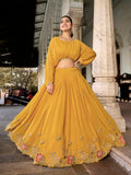 Mustard color georgette lehenga with stitched blouse