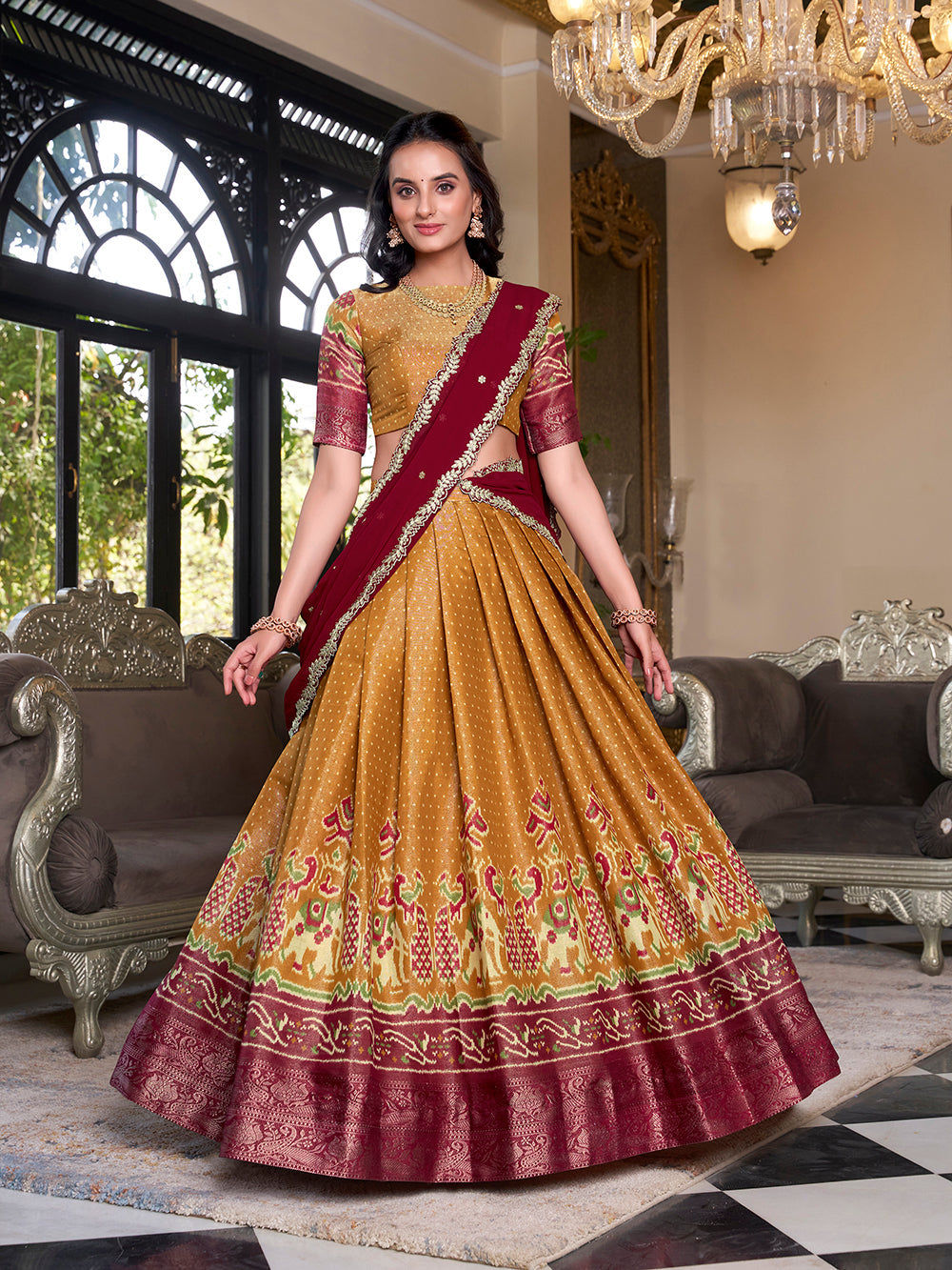 Kanchipuram mustard lehenga choli with temple zari border