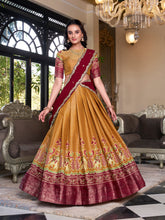 Kanchipuram mustard lehenga choli with temple zari border