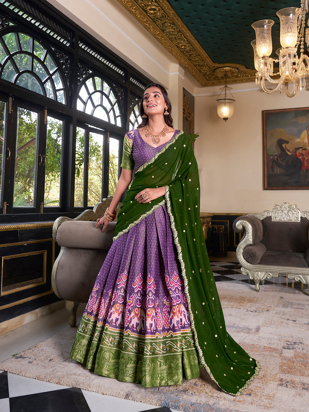 Kanchipuram purple lehenga choli with temple zari border