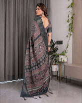handloom linen saree in charcoal black with ajrakh inspired print