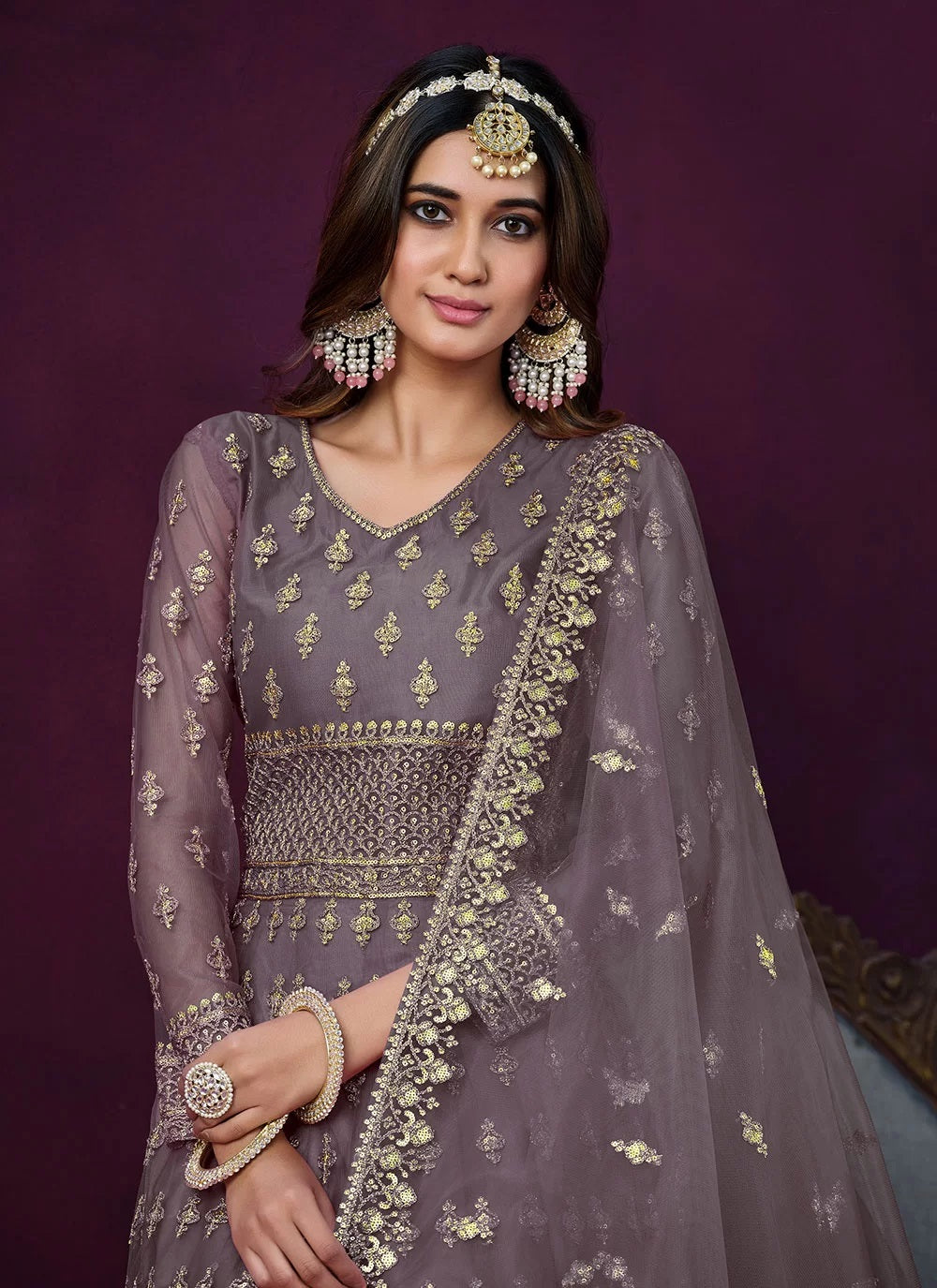 Heavy Embroidered Net Anarkali In Purple