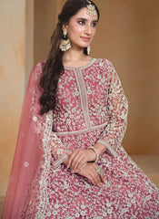 Hot Pink Designer Anarkali Suit in premium net fabric with elegant thread embroidery and matching net dupatta.