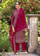 Elegant hot pink glory silk pant style suit with embroidered work and matching dupatta