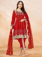 Red Art Silk Dhoti Style Suit with Sequin Embroidery and Net Dupatta