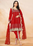 Red Art Silk Dhoti Style Suit with Sequin Embroidery and Net Dupatta