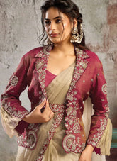 Golden Red Crystal Organza Satin Ready To Wear Party Saree with Stone Work