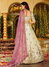 Ivory Tissue Lehenga Set with Contrast Pink Velvet Dupatta