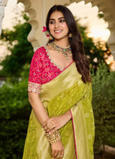 Green Saree with Contrasting Pink Blouse