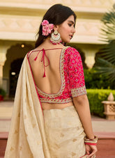 Premium Beige Saree with Pink Embroidered Blouse