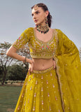 Regal Mustard Green Tissue Lehenga Choli with Heavy Bead Work