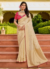 Premium Beige Saree with Pink Embroidered Blouse