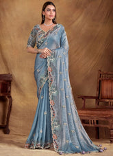 Light Blue Satin Silk Sequins Work Wedding Saree