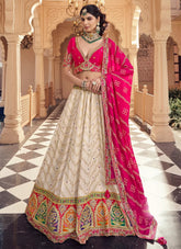Opulent Cream Russian Jacquard Lehenga Choli with Mirror & Bead Work