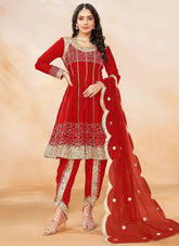 Red heavy art silk dhoti style suit with sequin embroidery and net dupatta