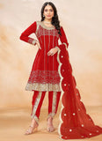 Red heavy art silk dhoti style suit with sequin embroidery and net dupatta