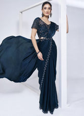 Designer ready to wear morpeach satin silk one-minute saree with handwork