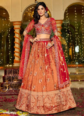 Rust Orange Tissue Lehenga Set with Rich Red Dupatta