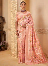 Graceful Peach Pink Mirracle Rangkat Saree with Floral Jaal Weaves