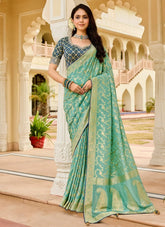 Serene Sea Green Viscose Tissue Saree with Golden Weaving