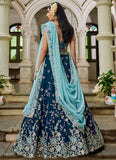 Navy blue organza lehenga with sequins, coding work, embroidery and cutwork border – budget friendly designer lehenga