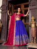 Royal blue Tasar silk lehenga with foil print
