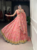 Peach Floral & Foil Print Chiffon Lehenga Choli