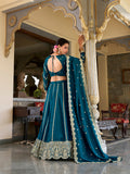 Firozi Color Sequins And Thread Embroidery Work Vichitra Silk Lehenga Choli