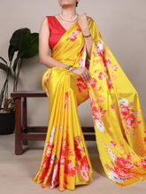 Yellow satin silk floral printed saree