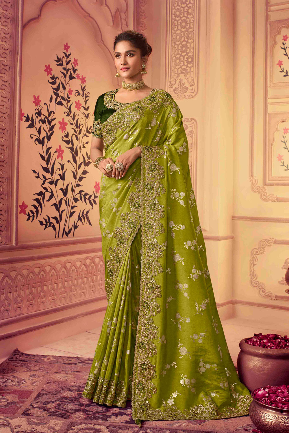 Indian Party Wear Heavy Stone and Sequins Embroidery Work Saree In Green