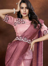 Indian Style Applique & Moti Work Crepe Satin Silk Saree with Georgette Stitched Blouse In Pink