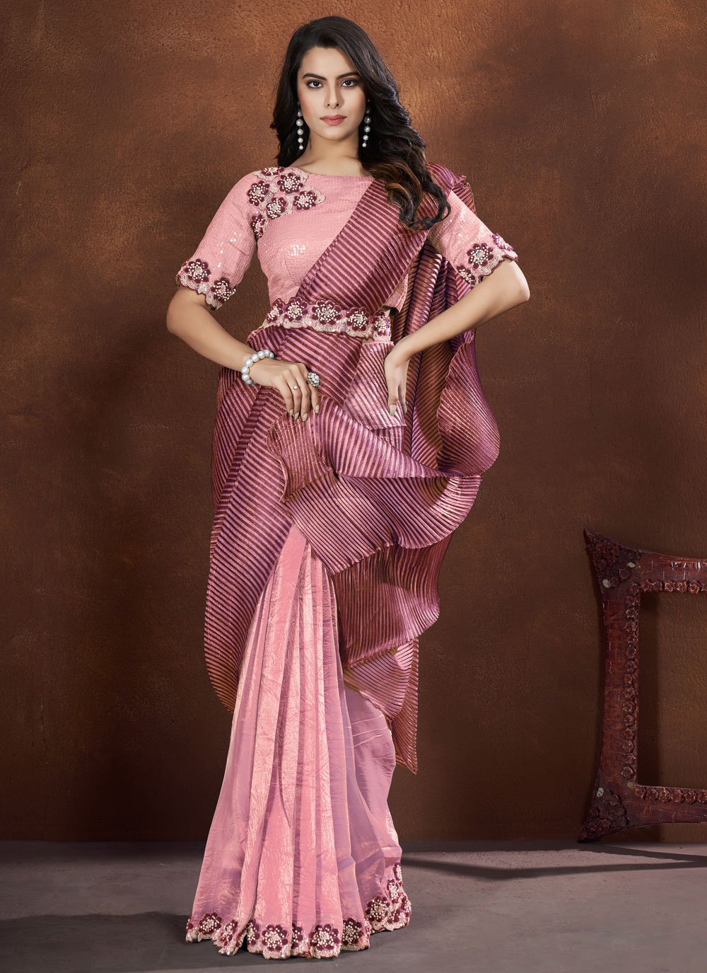Indian Style Applique & Moti Work Crepe Satin Silk Saree with Georgette Stitched Blouse In Pink