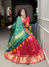Salmon Color Dyeing With Lagdi Patta Gaji Silk Lehenga Choli