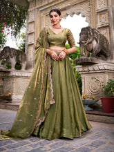 Mehandi green sequins and thread work lehenga