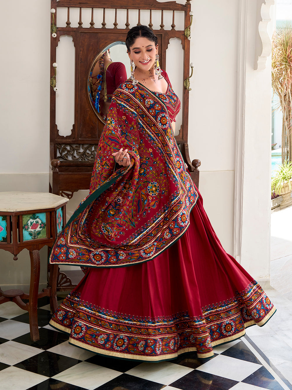 Red gamthi print tasar silk lehenga choli